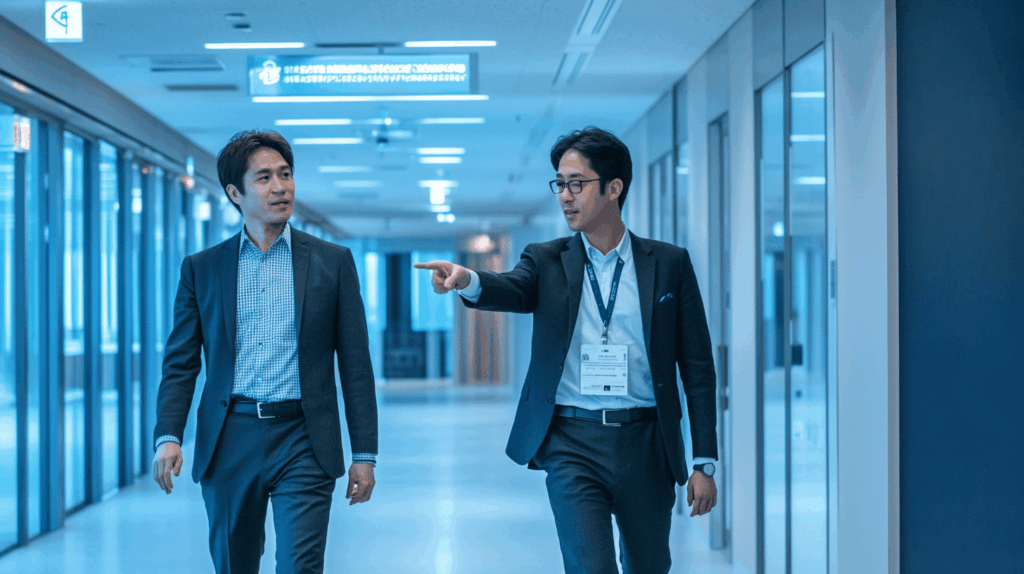 オフィス廊下で先輩が未来を指し示し、新人が見上げる転職不動産賃貸の躍動シーン