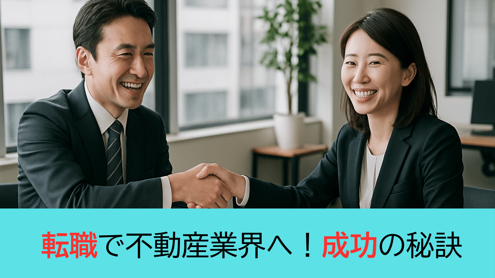 明るい笑顔で握手するビジネス男女、転職で不動産業界の夢を実現