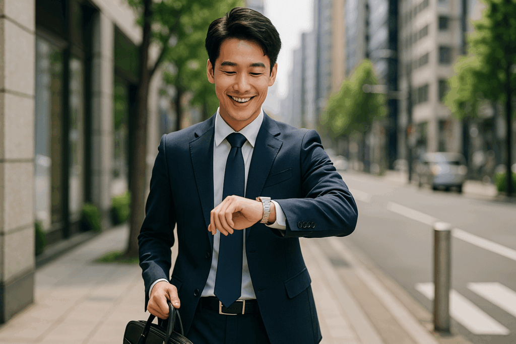 街中を颯爽と歩き腕時計を確認する爽やか20代営業マン、転職不動産屋で新生活へ挑戦する姿の期待感を伝えるシーン