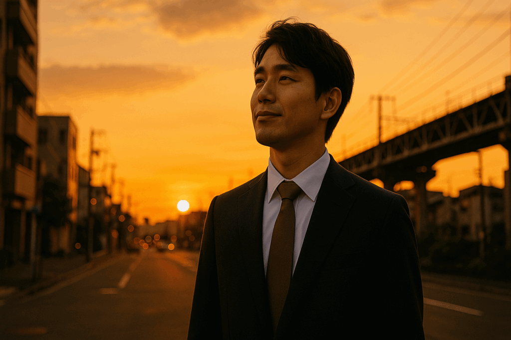 夕焼けの高架下で未来を見上げる転職不動産屋志望スーツ男性の決意を捉えた写真
