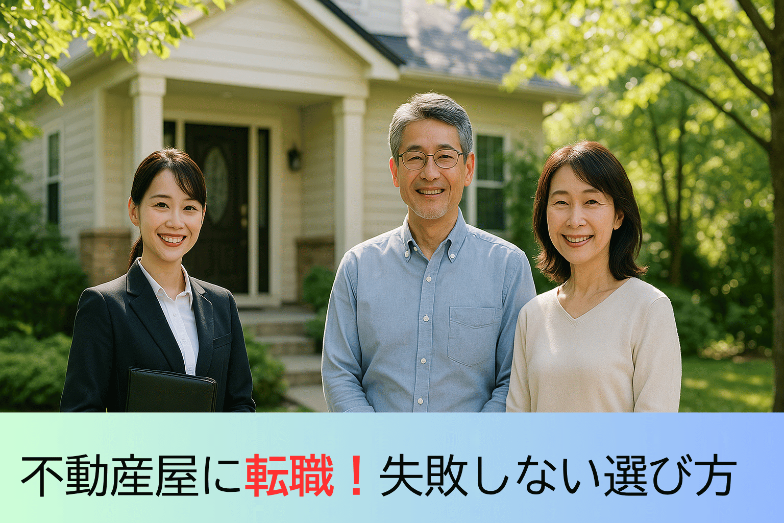 笑顔の若手営業と顧客夫婦が新築前で握手する転職不動産屋の成功イメージ