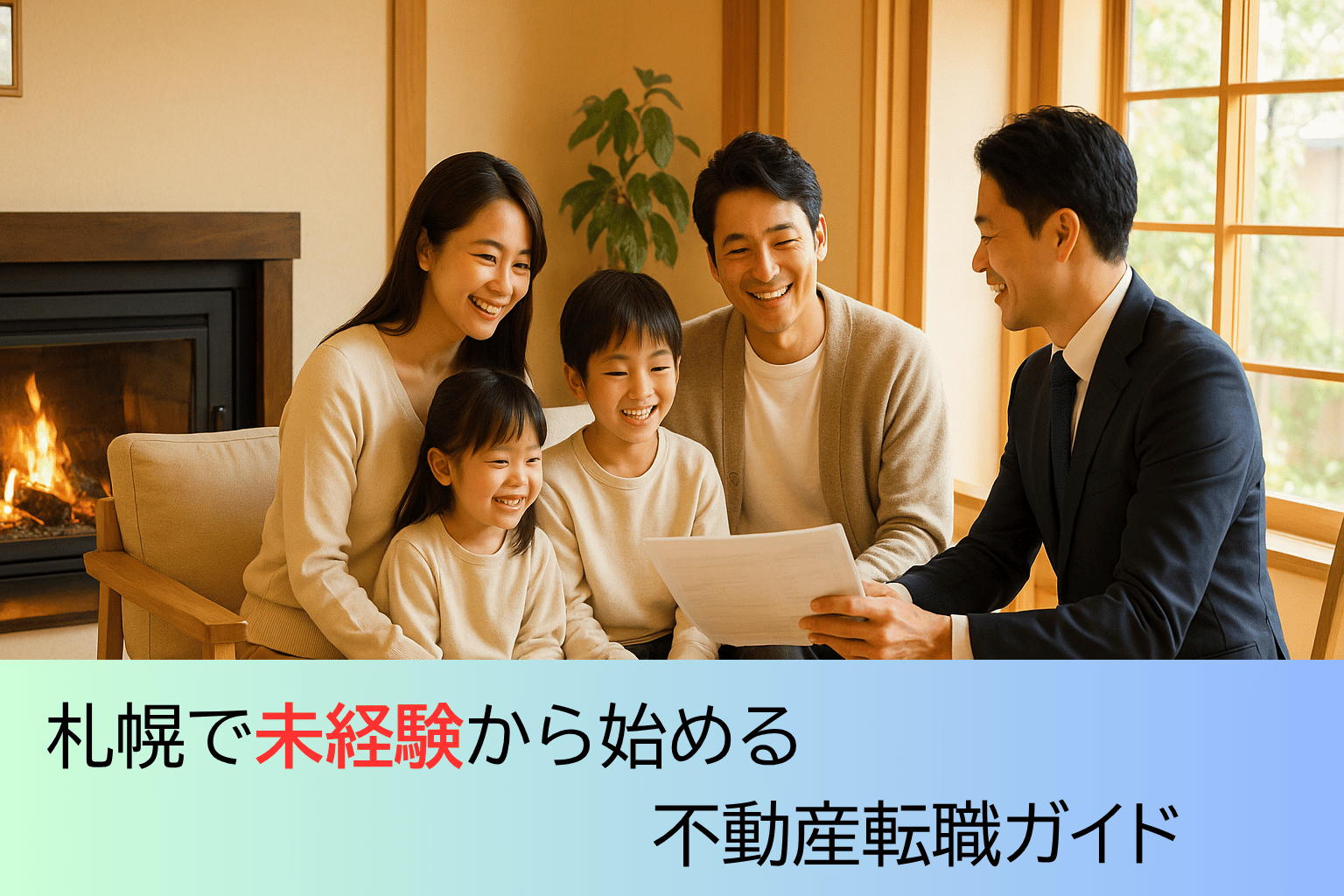 札幌の暖炉リビングで不動産転職の書類を笑顔で確認する家族と営業担当者